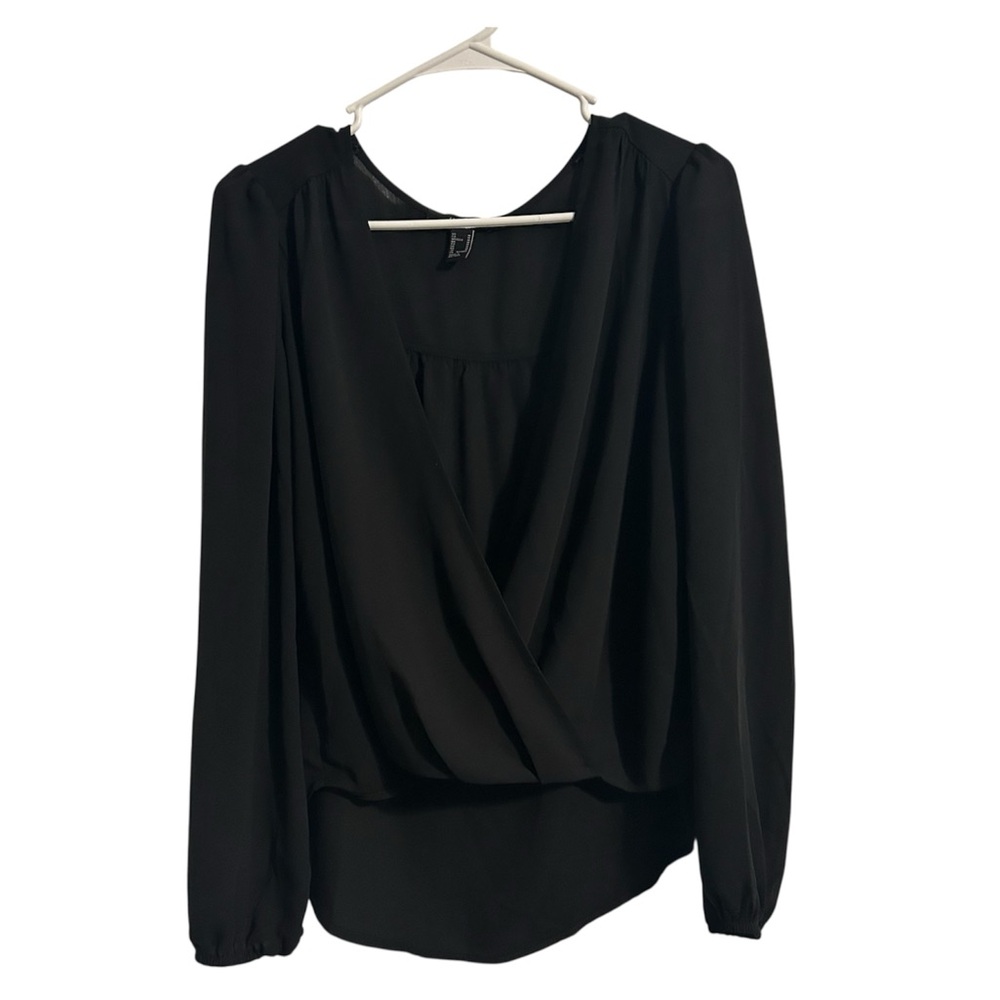 Forever 21 Black Satin Long Sleeve Deep V-Neck Classy Wrap Blouse